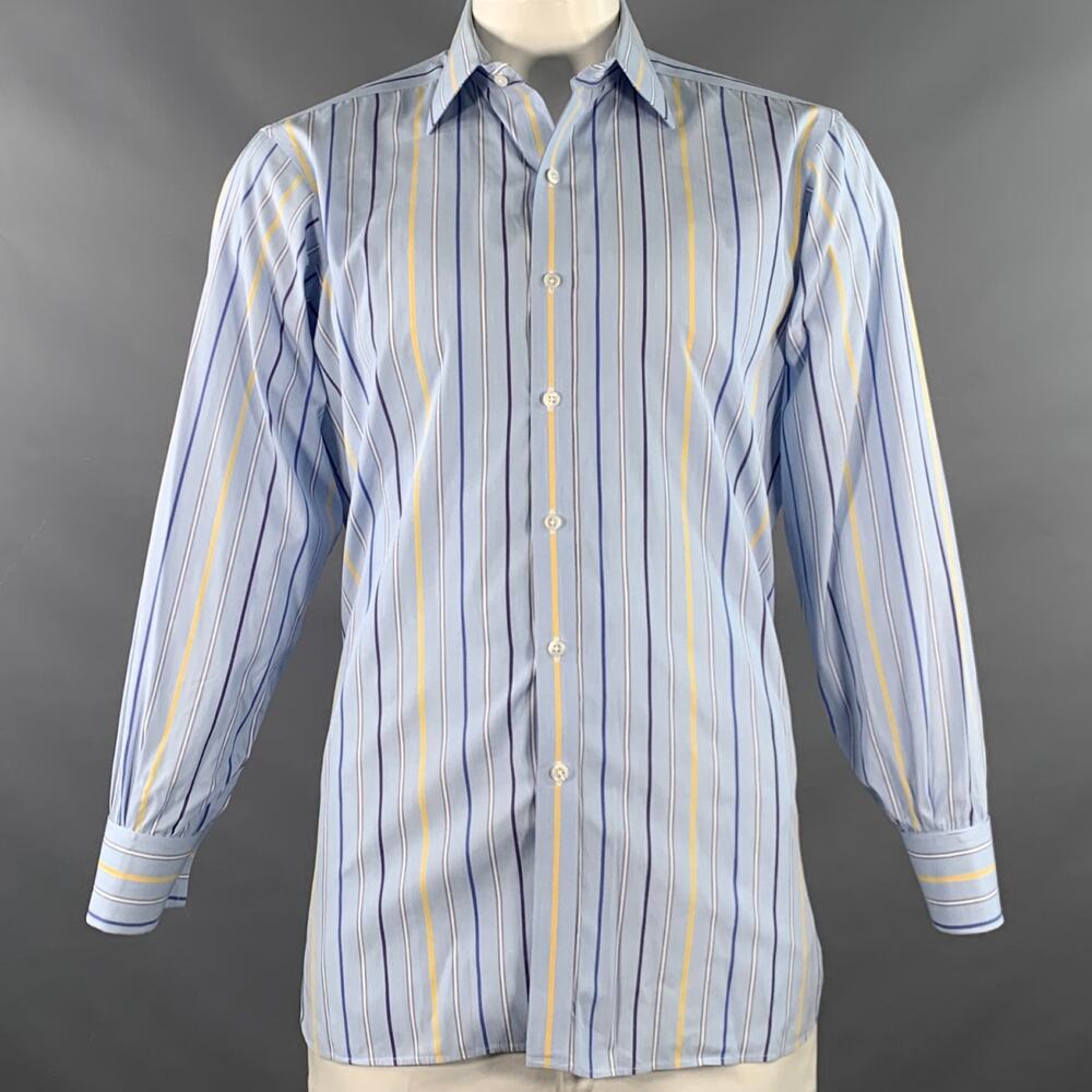 TURNBULL & ASSER L Blue Navy Yellow Stripe Cotton French Cuff Long Sleeve Shirt